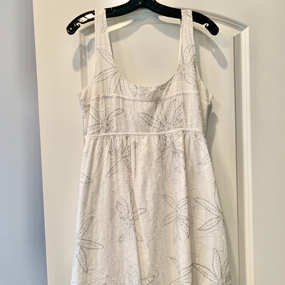 Embroidered white and silver fully lined sundress.